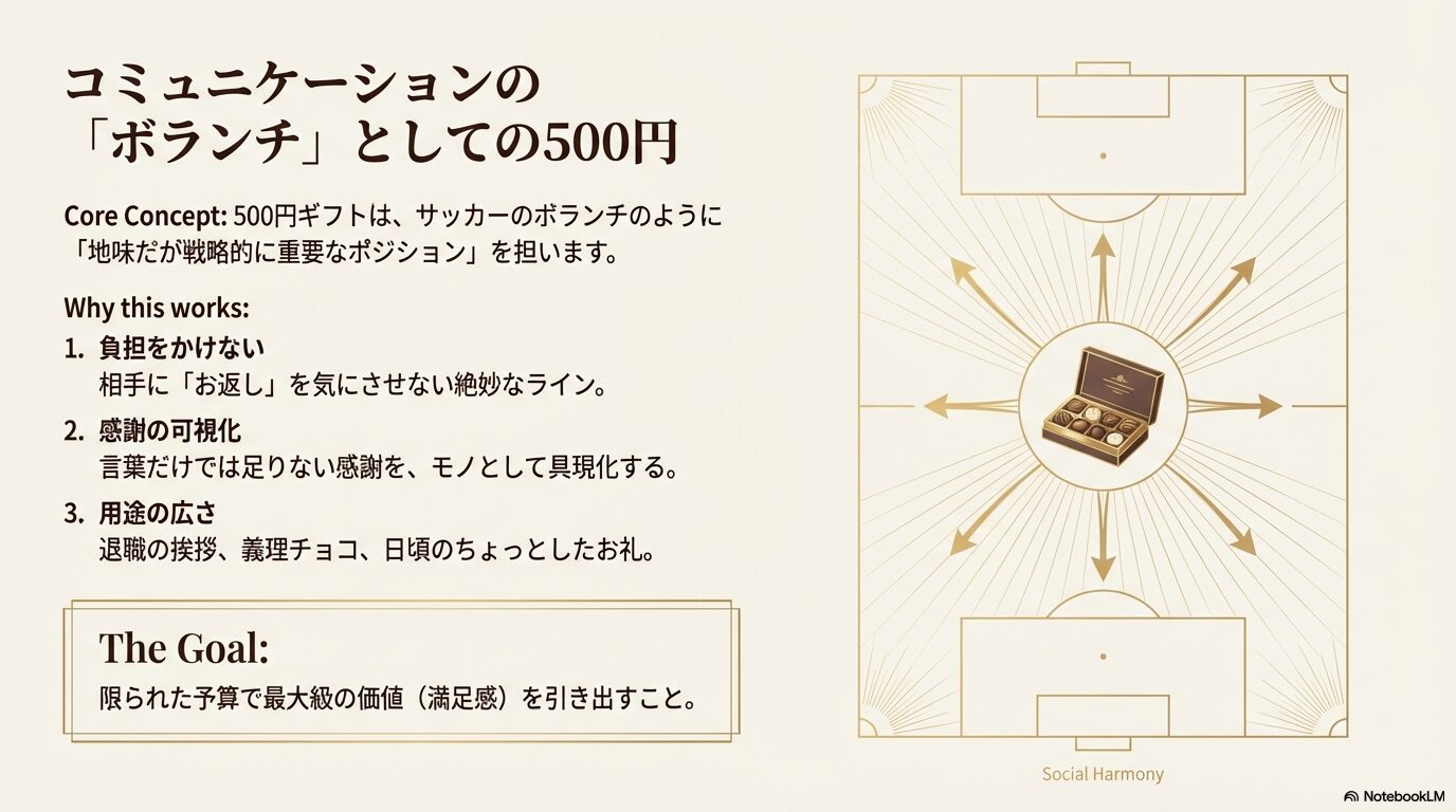 500円ギフトの役割をサッカーのボランチに例えて、感謝の可視化や負担のなさを解説する図
