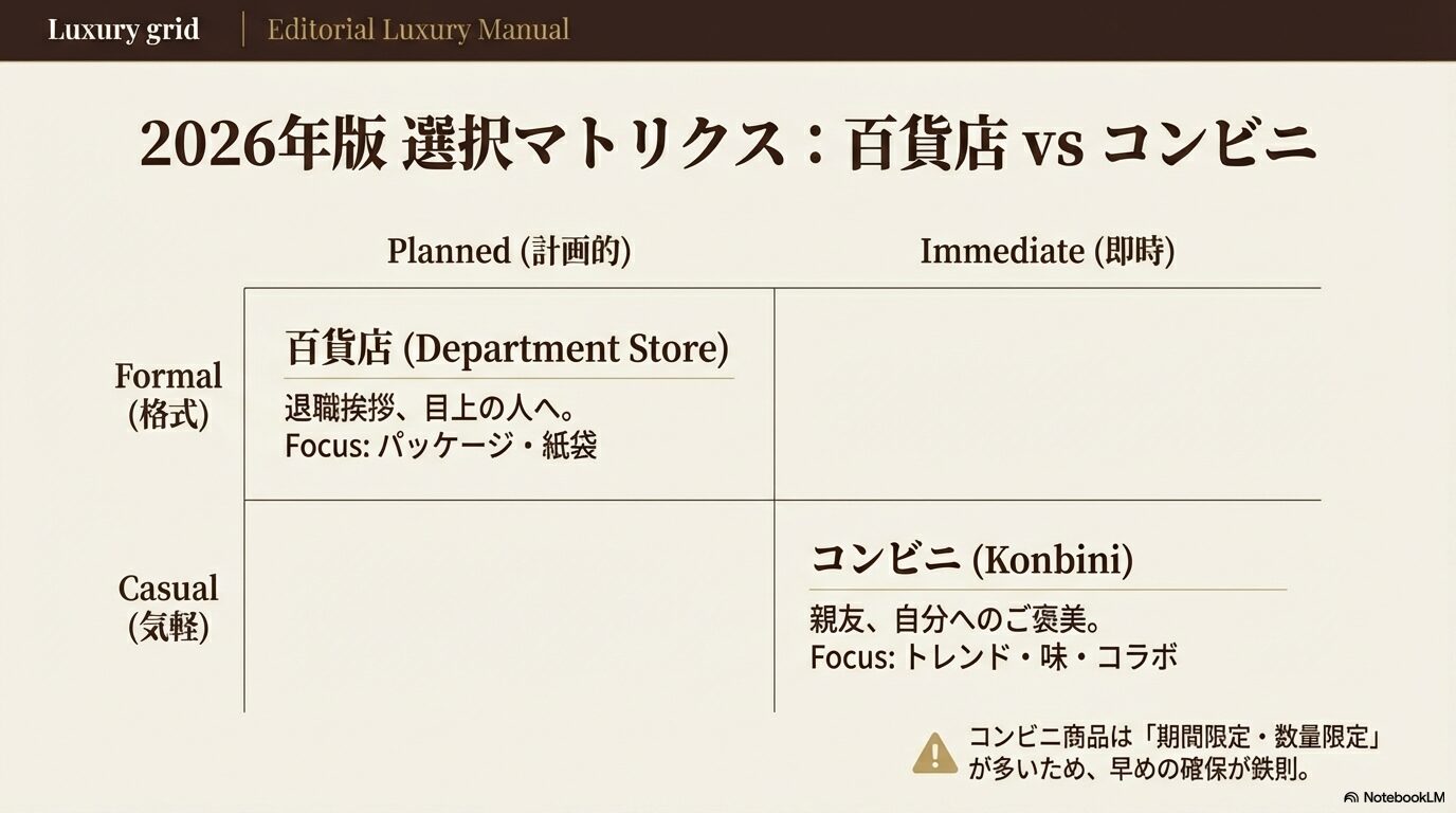 格式重視の百貨店とトレンド重視のコンビニを使い分けるための選択基準マトリクス