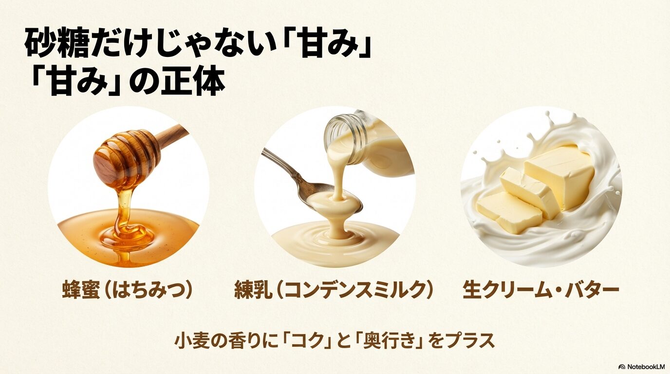 砂糖だけでなく、蜂蜜、練乳、生クリーム、バターが組み合わさることで、高級食パンにコクと奥行きのある甘みが生まれることを示す図解。