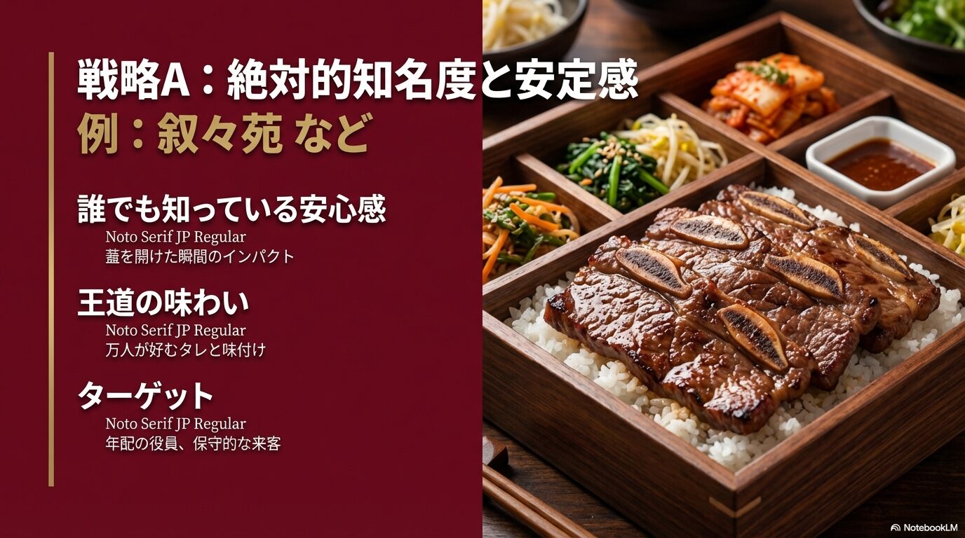 叙々苑に代表される大手ブランドの安心感とターゲット層（年配の役員など）をまとめたスライド