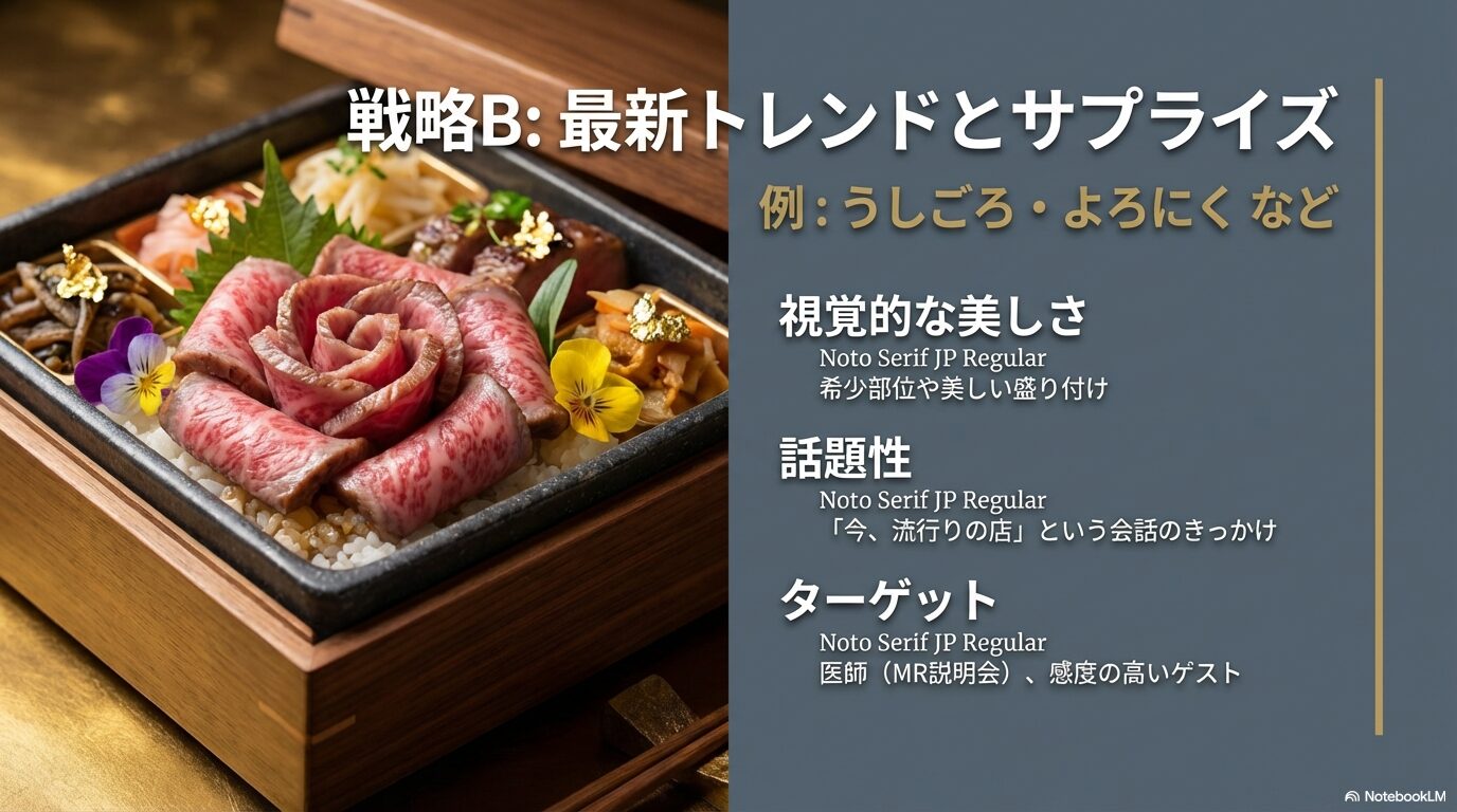 うしごろやよろにくの希少部位や盛り付けの美しさ、話題性が生む会話のきっかけを解説したスライド