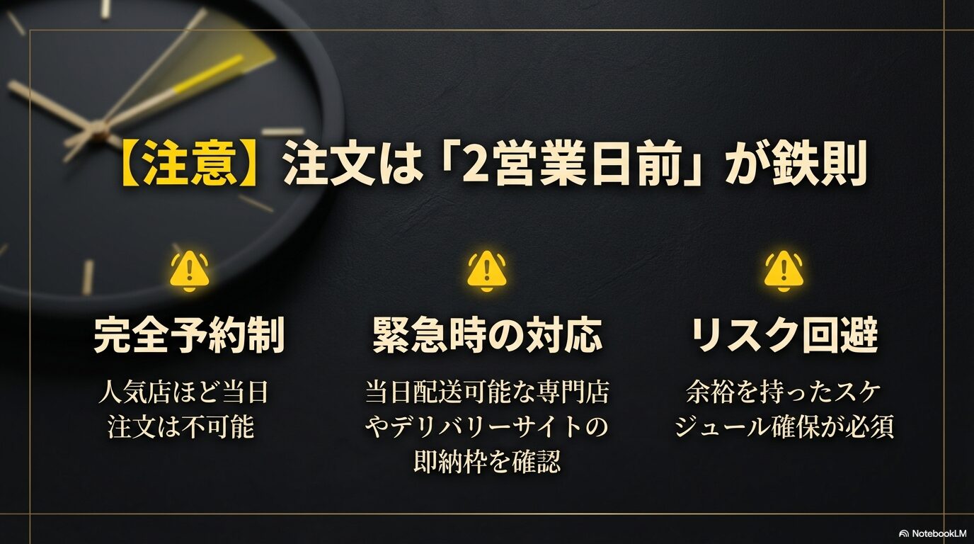 人気店ほど当日注文は不可能であることや、緊急時の対応策をまとめた注意喚起スライド