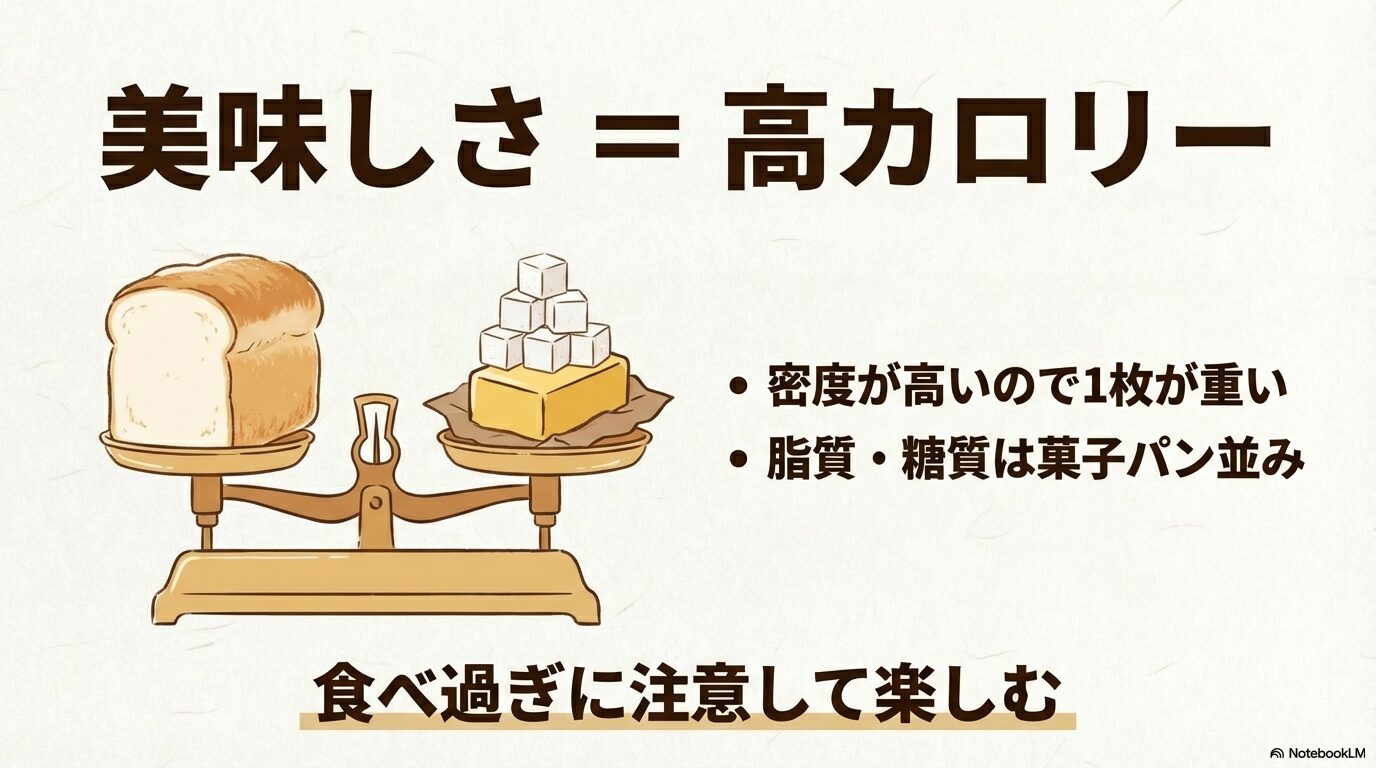 高級食パンは密度が高く、脂質や糖質が菓子パン並みに含まれるため、食べ過ぎに注意が必要であることを示す図解。