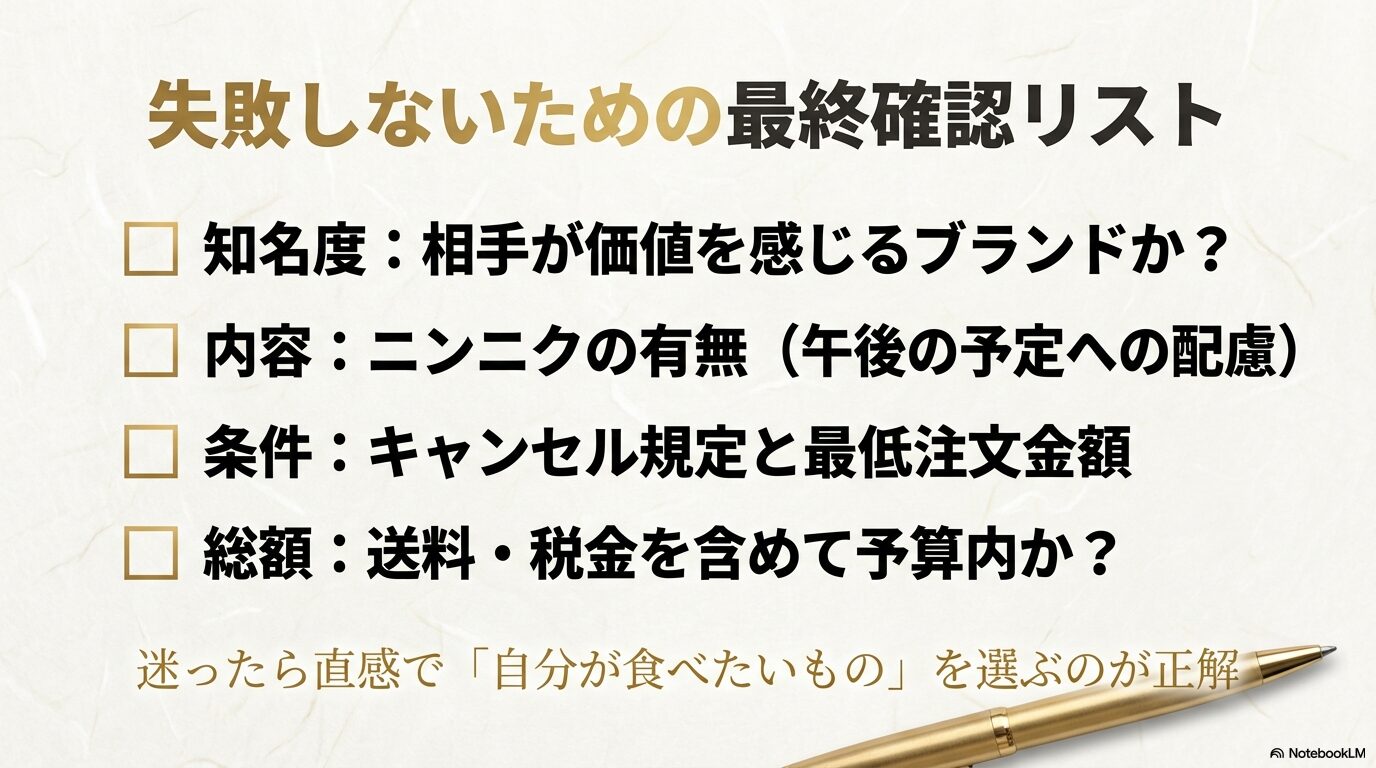 ブランド知名度、内容（ニンニク）、キャンセル規定、総額を確認するための最終チェックリスト