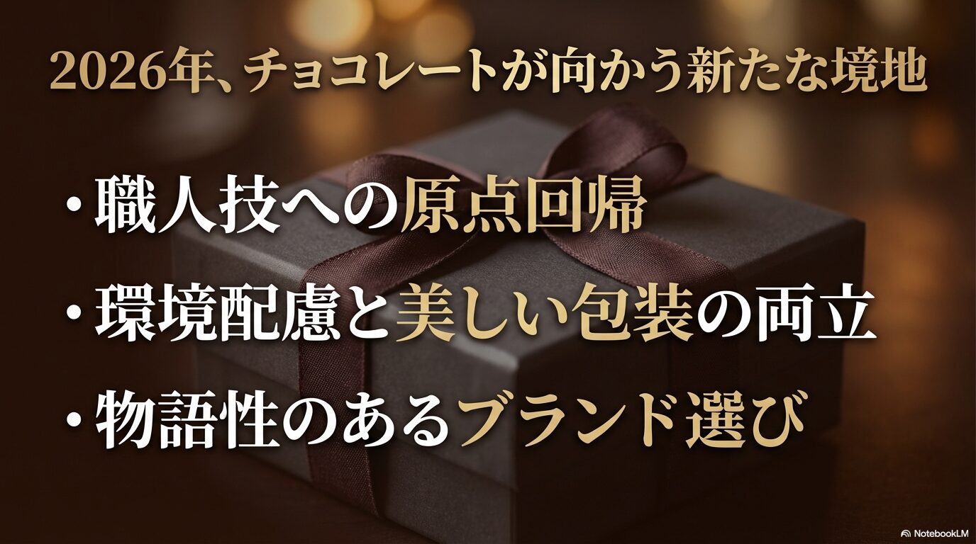 職人技への回帰や環境配慮、物語性のあるブランド選びなど2026年のチョコレートトレンドをまとめたスライド