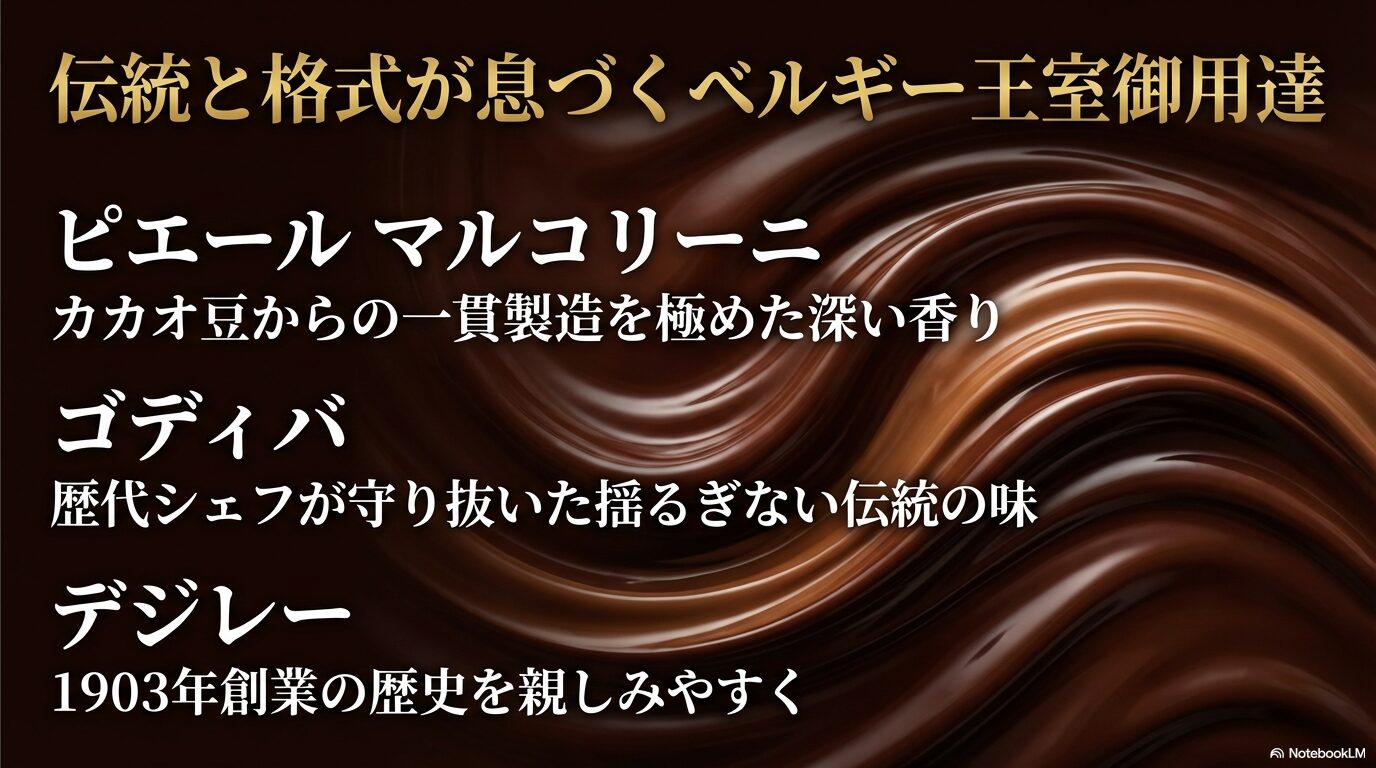 伝統と格式あるベルギーの高級チョコレートブランド（ピエールマルコリーニ、ゴディバ、デジレー）の紹介スライド