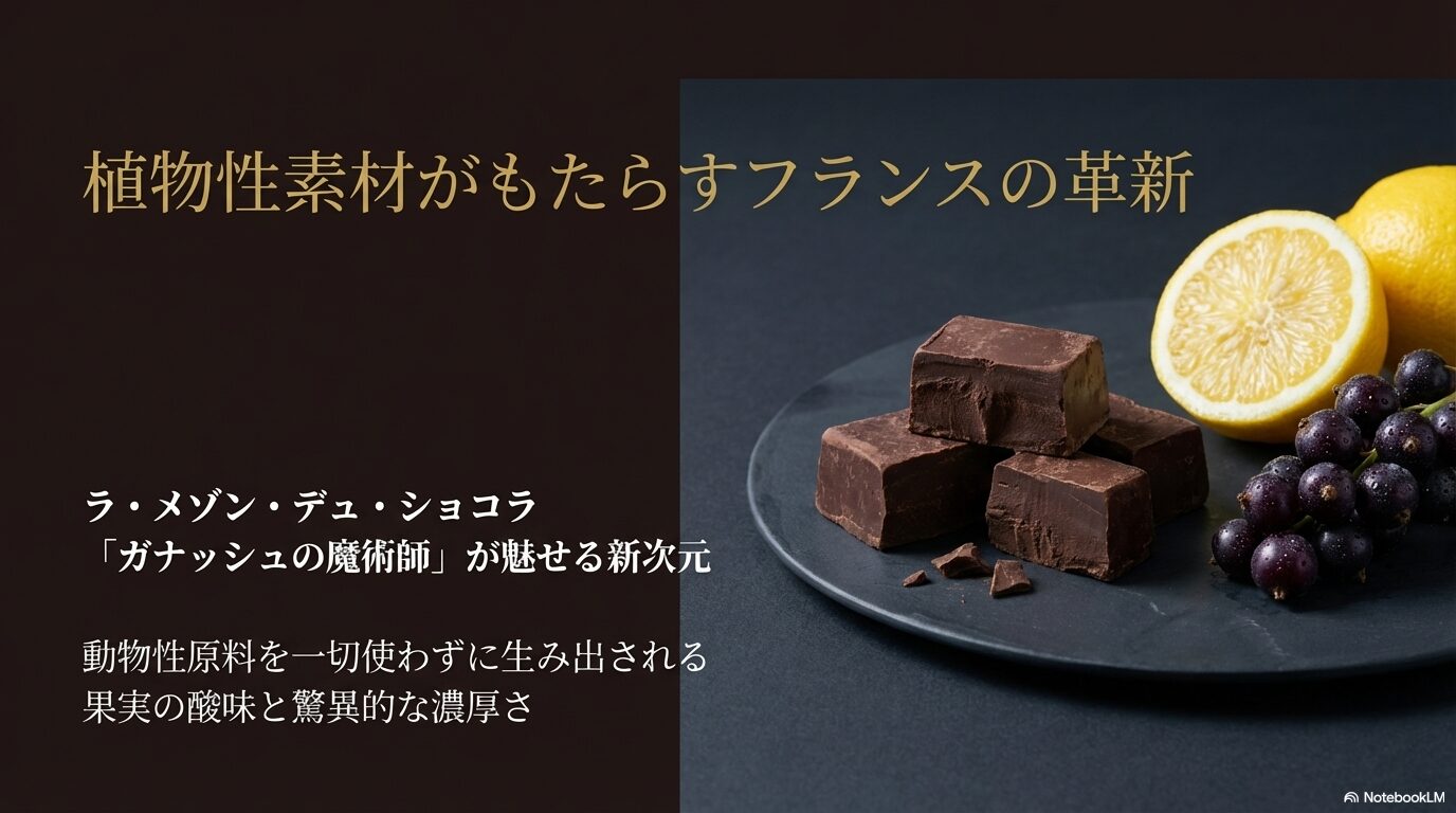 植物性素材を使用した新次元のガナッシュなど、フランス流の革新的なチョコレートを解説するスライド