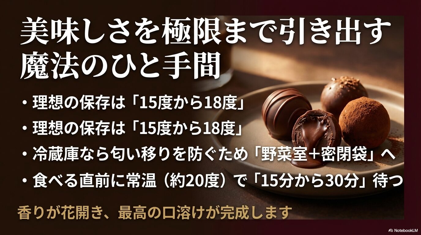 理想の保存温度15〜18度や、食べる直前に常温で待つ時間など、美味しさを極限まで引き出すコツをまとめたスライド