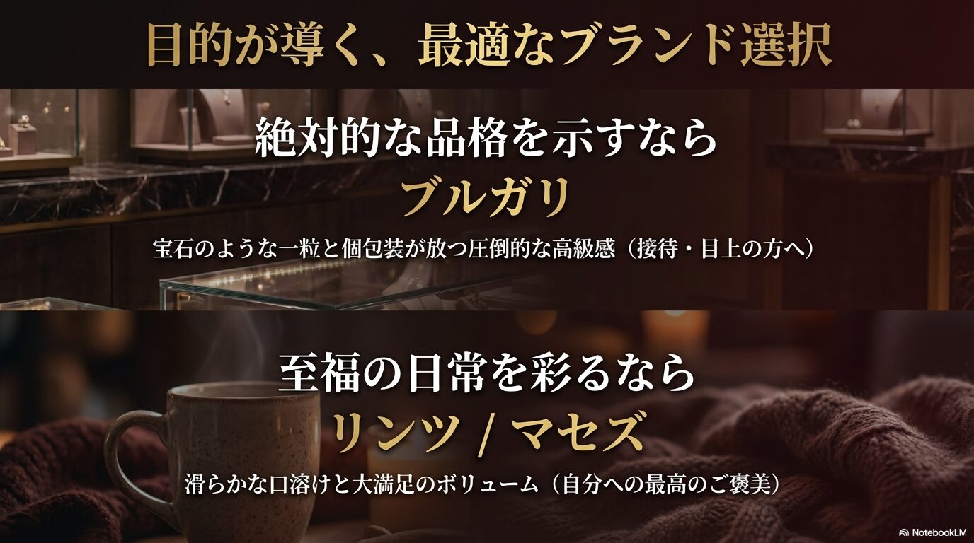 接待ならブルガリ、自分へのご褒美ならリンツやマセズなど、目的に応じたブランド選択を導くスライド