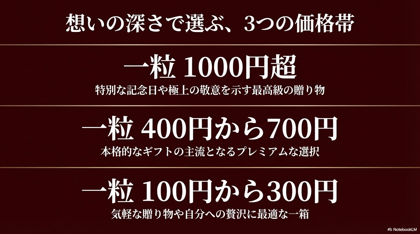 一粒1000円超から100円台まで、シーンや予算に合わせた価格帯別のブランド選びを提案するスライド