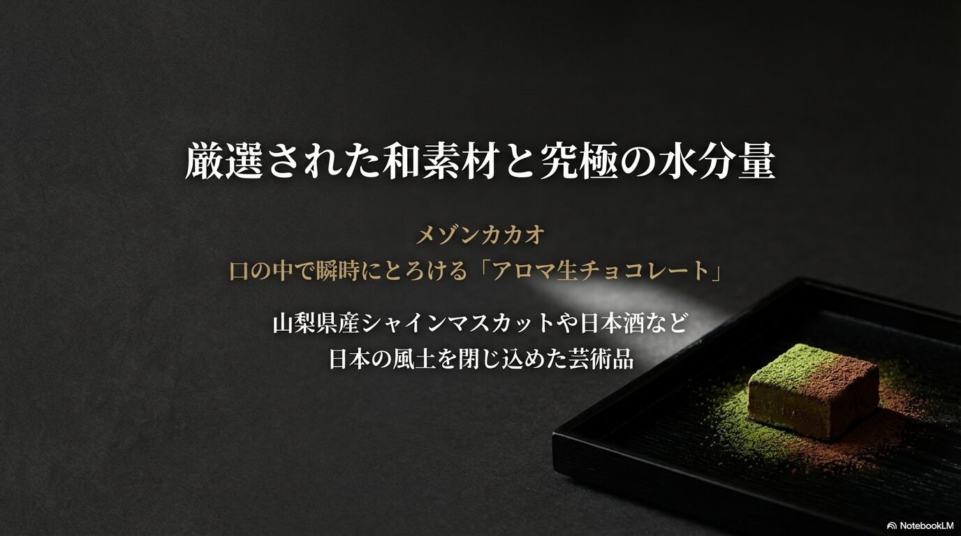 山梨県産シャインマスカットや日本酒など日本の風土を閉じ込めたメゾンカカオの「アロマ生チョコレート」紹介スライド