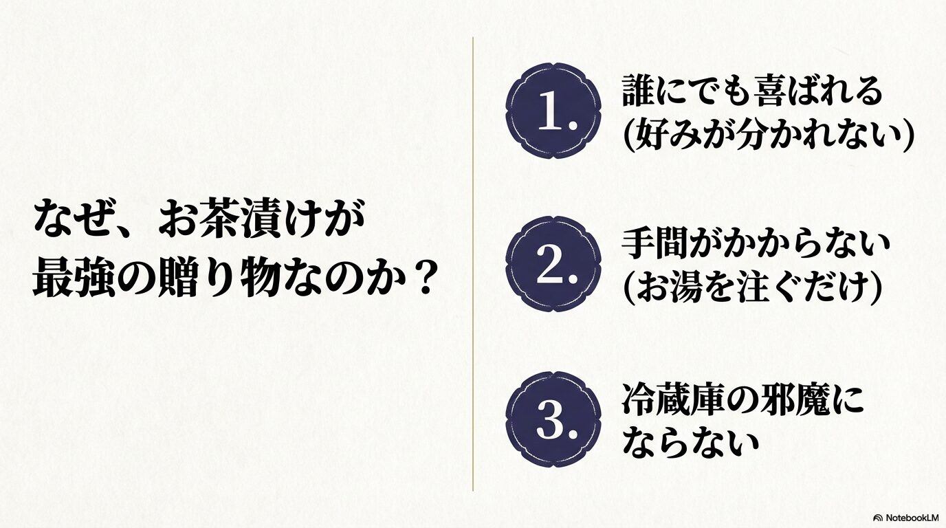 好みが分かれず、手間がかからず、冷蔵庫の邪魔にならないというお茶漬けが最強の贈り物である理由
