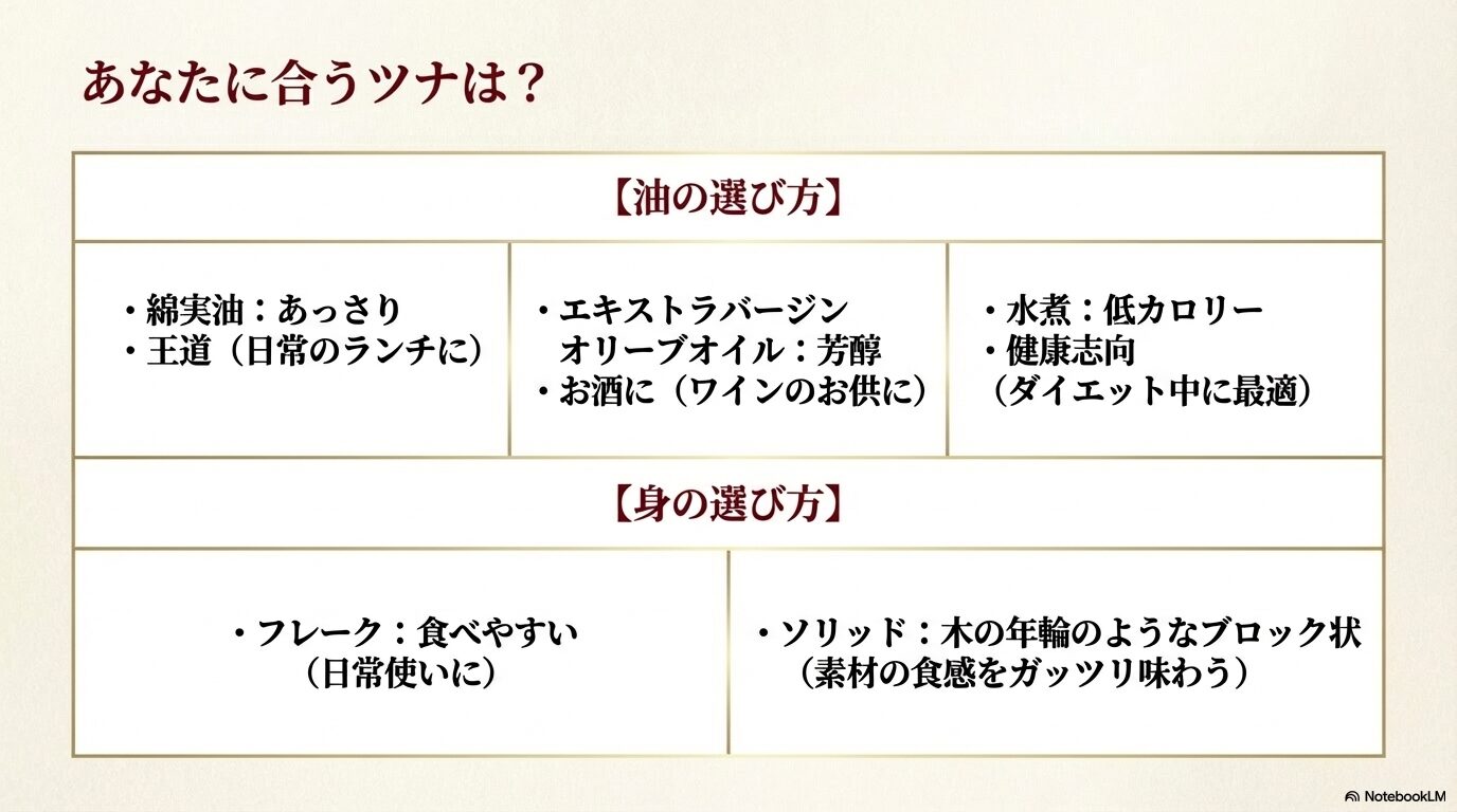 あなたに合うツナは？油の選び方（綿実油、水煮、エキストラバージンオリーブオイル）と身の選び方（フレーク、ソリッド）の比較表