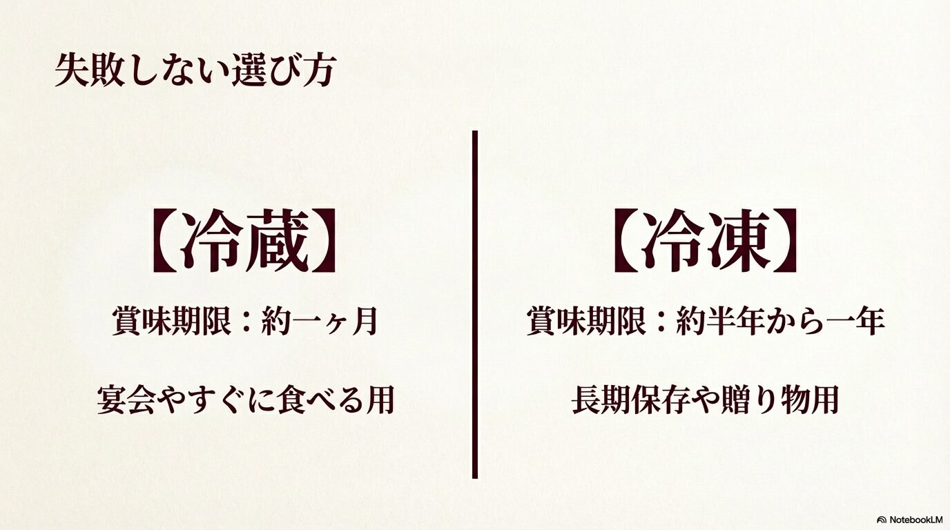 用途に合わせたコンビーフの選び方。すぐ食べる用の冷蔵（賞味期限約1ヶ月）と長期保存・贈り物用の冷凍（賞味期限約半年〜1年）