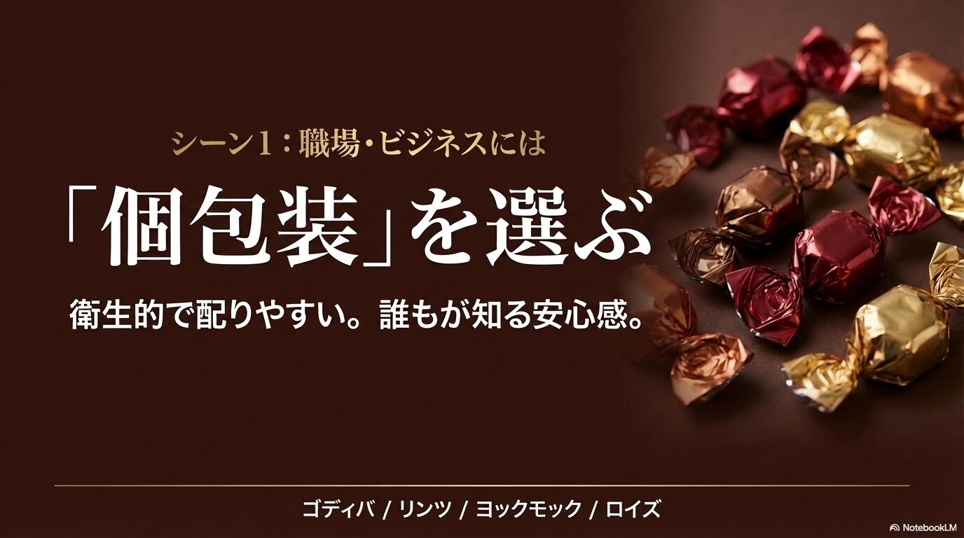 衛生的で配りやすいゴディバ、リンツ、ヨックモック、ロイズなどの個包装チョコの紹介スライド