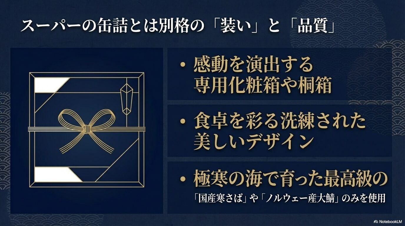 専用化粧箱や洗練されたデザイン、国産寒さばやノルウェー産大鯖などの厳選素材についての紹介