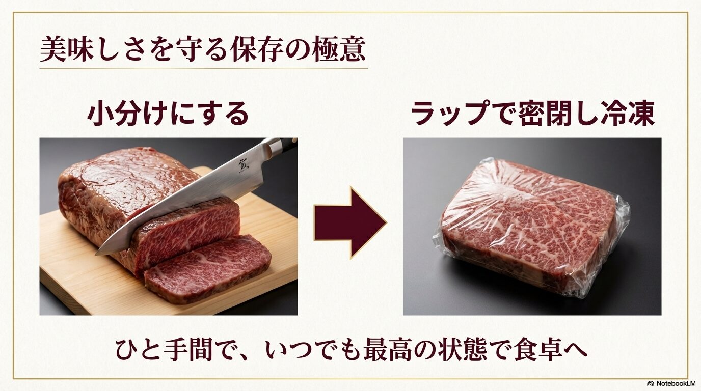ブロック肉を包丁で切り分け、ラップで密閉して小分け冷凍するコンビーフの正しい保存方法