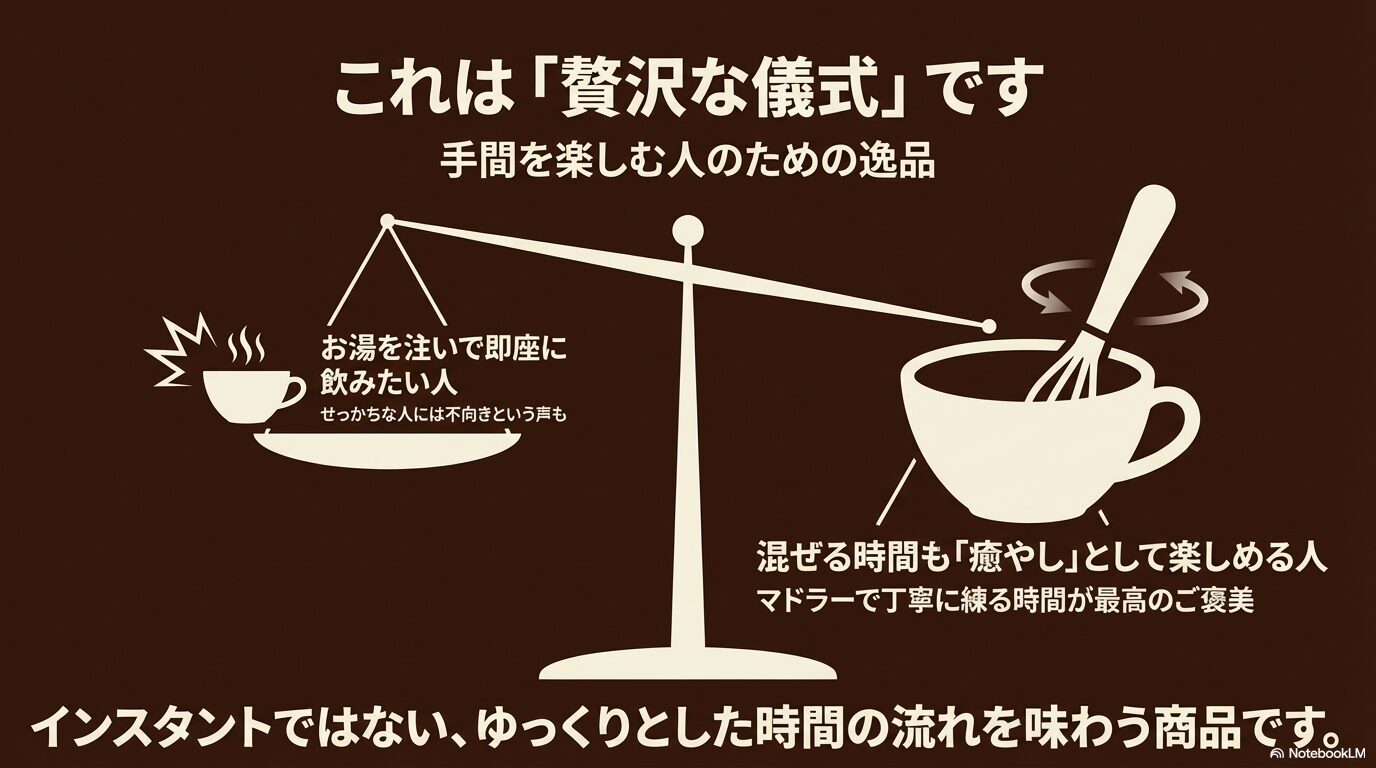 お湯を注いですぐ飲みたい人には不向きだが、マドラーで混ぜる時間も癒やしとして楽しめる人には最高のご褒美であるという評価まとめスライド