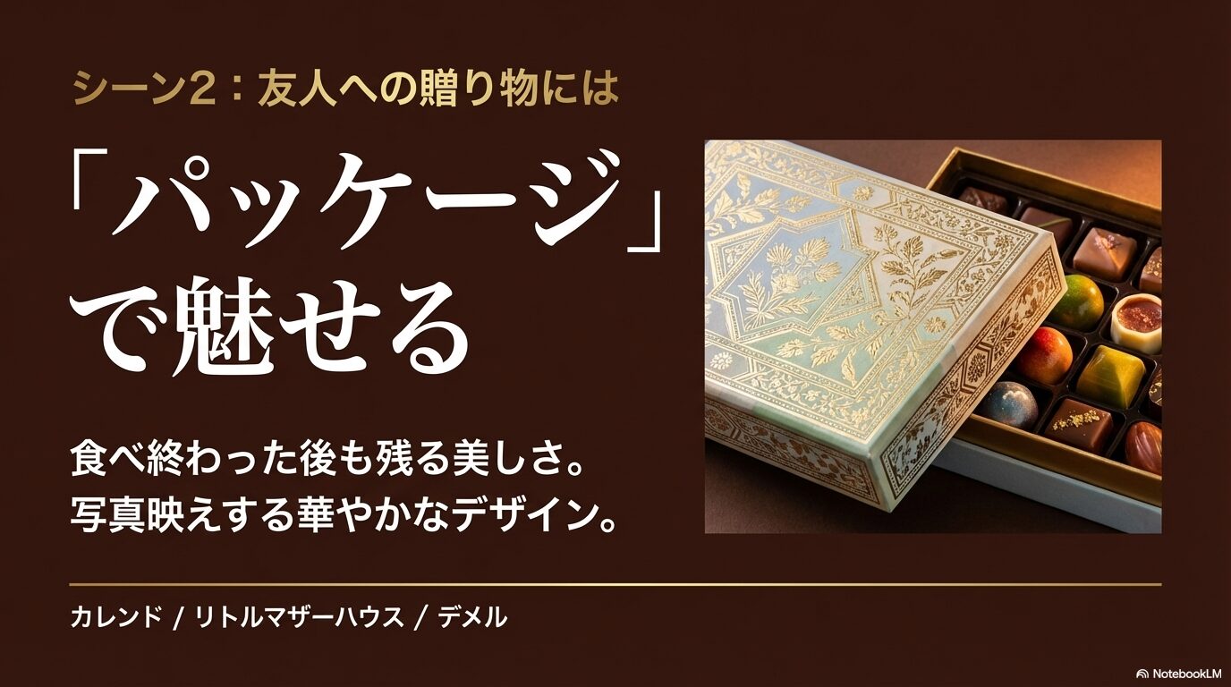カレンド、リトルマザーハウス、デメルなど、パッケージの美しさで魅せるチョコレートの紹介スライド