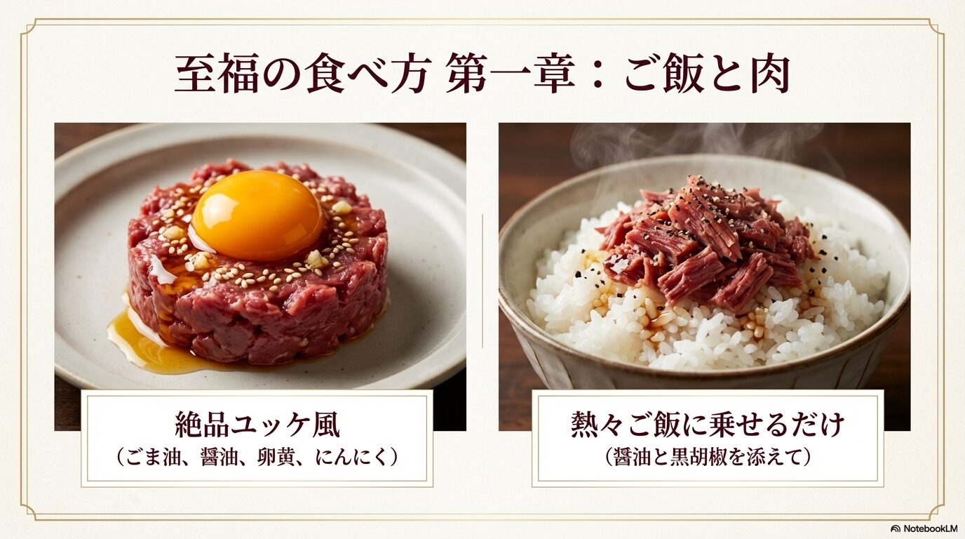 醤油と黒胡椒を添えた、熱々のご飯の上にたっぷりと乗せられた美味しそうなコンビーフ