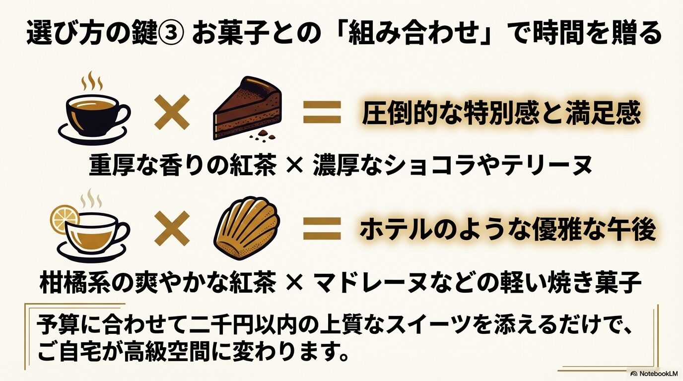 重厚な香りの紅茶と濃厚なショコラ、柑橘系の爽やかな紅茶とマドレーヌなど、圧倒的な特別感を生むペアリング例