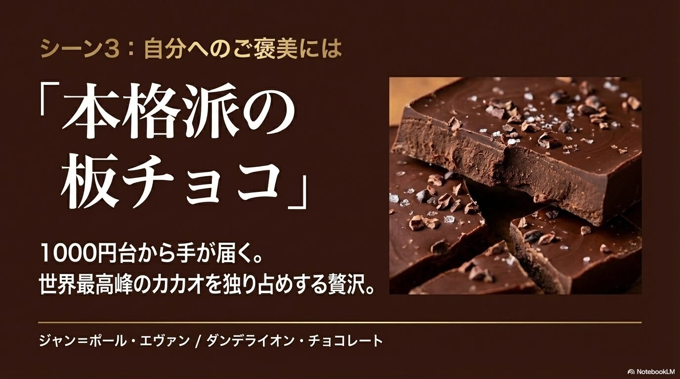 ジャン＝ポール・エヴァンやダンデライオン・チョコレートなど、1000円台から楽しめる本格タブレットの紹介スライド