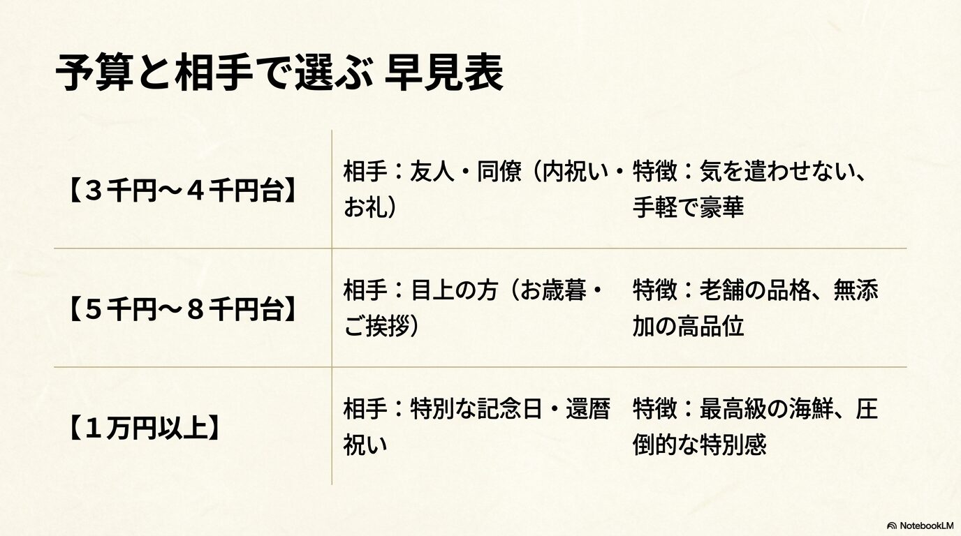 3千円台から1万円以上までの予算や贈る相手に応じた高級お茶漬けの選び方早見表