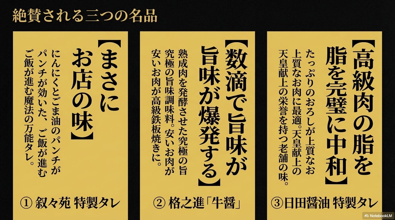 日田醤油、格之進牛醤、叙々苑特製タレの絶賛される3つの名品の特徴