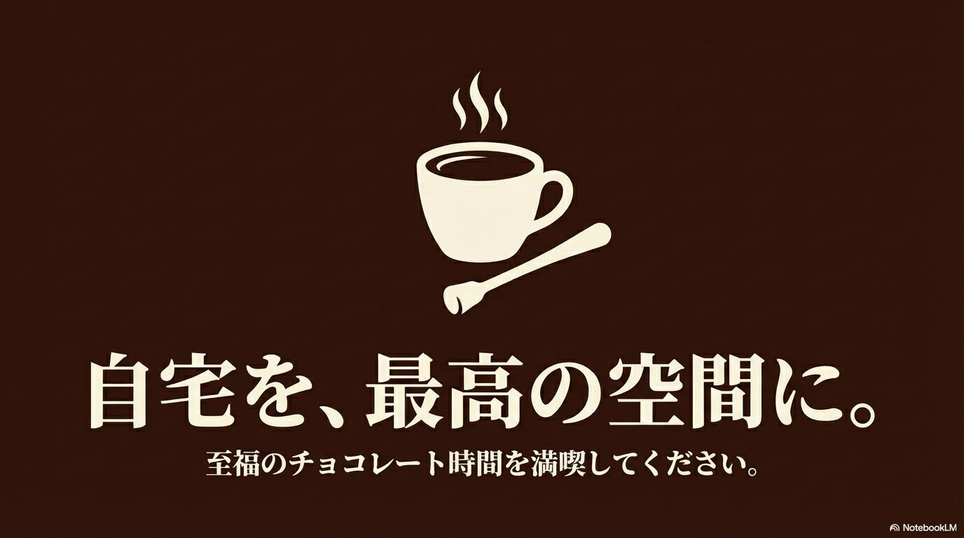 自宅を最高の空間に。至福のチョコレート時間を満喫してくださいという締めくくりのメッセージスライド