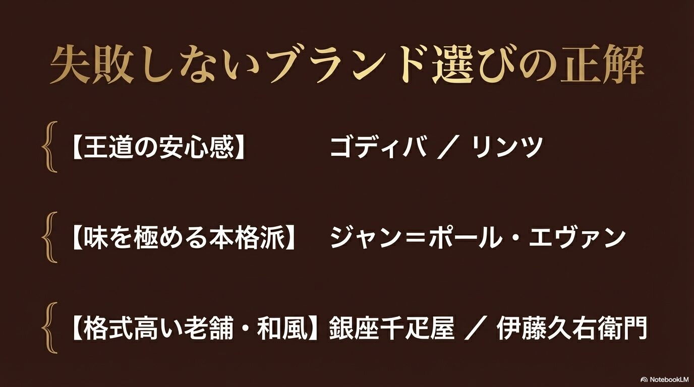 「王道の安心感」「味を極める本格派」「格式高い老舗・和風」の3つのカテゴリー別にブランドを分けた比較ガイドスライド
