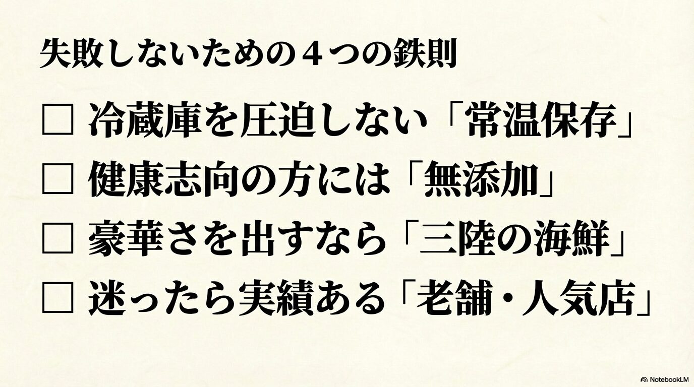 冷蔵庫を圧迫しない常温保存、健康志向の無添加、豪華な三陸の海鮮、老舗や人気店を選ぶという4つの鉄則