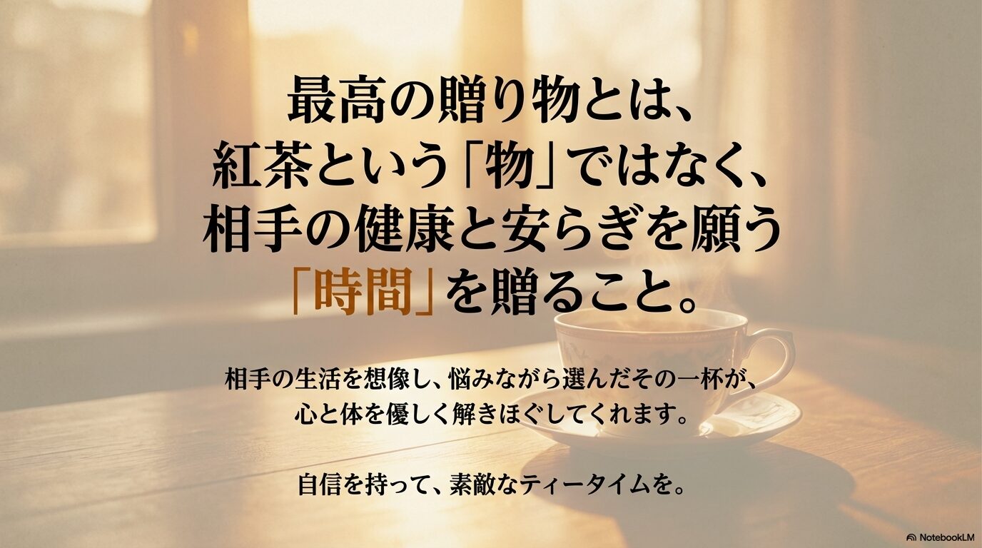 紅茶という物ではなく相手の健康と安らぎを願う時間を贈るという、最高の贈り物についてのメッセージ