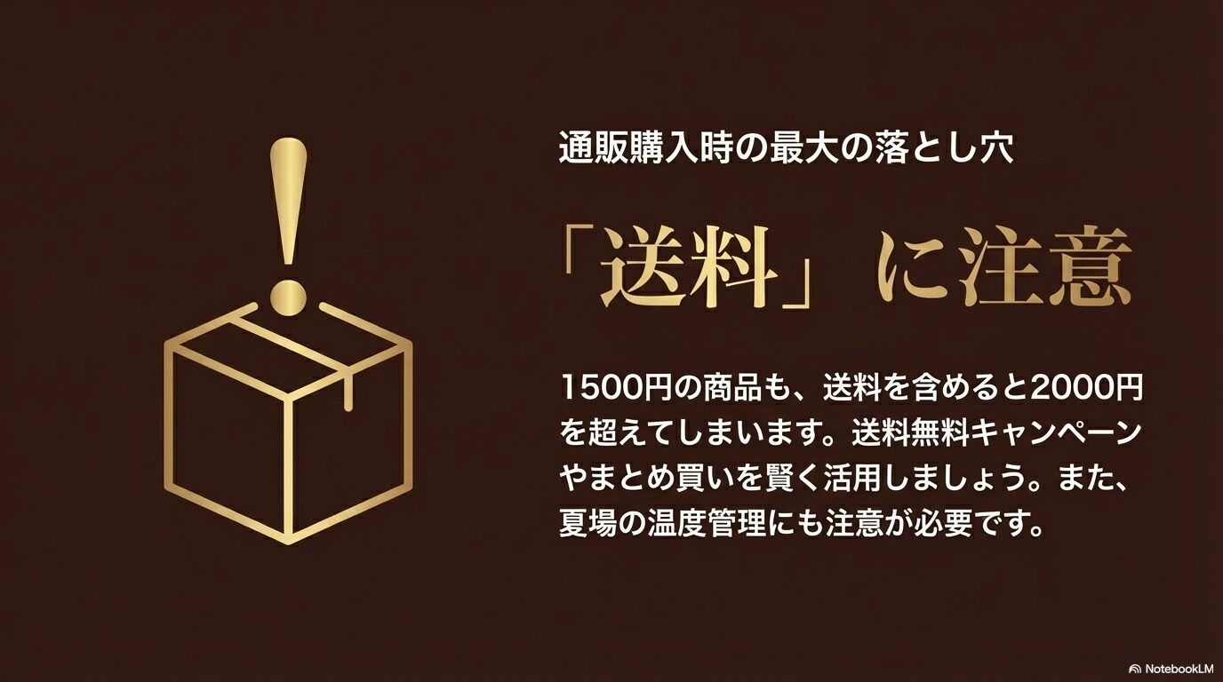 商品代金に送料を加算した際の予算オーバーへの注意と、夏場の温度管理の重要性を解説するスライド