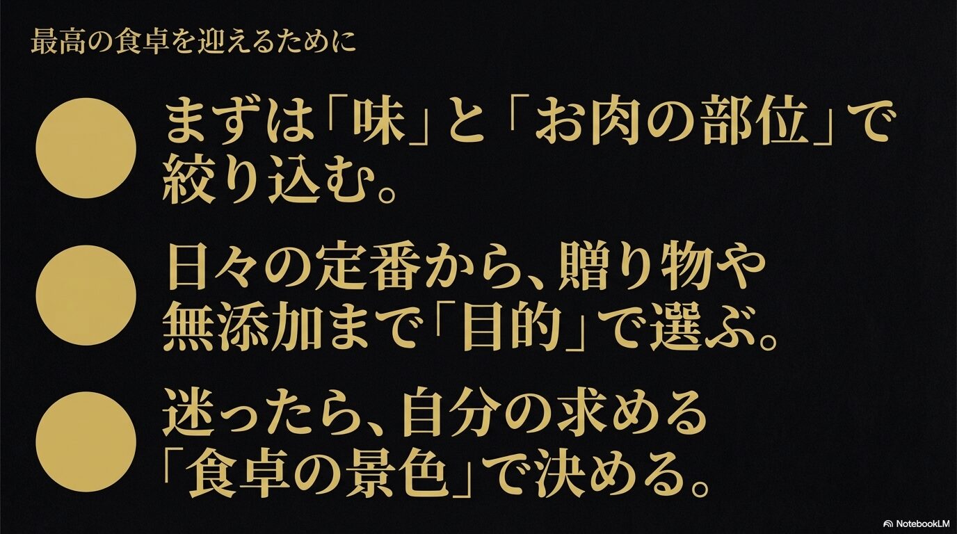 味や部位、目的で絞り込み、自分の求める食卓の景色で運命の1本を決める方法