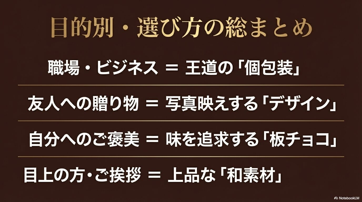 職場、友人、自分、目上の方といった目的別に、それぞれ最適なチョコレートの種類を簡潔にまとめたスライド