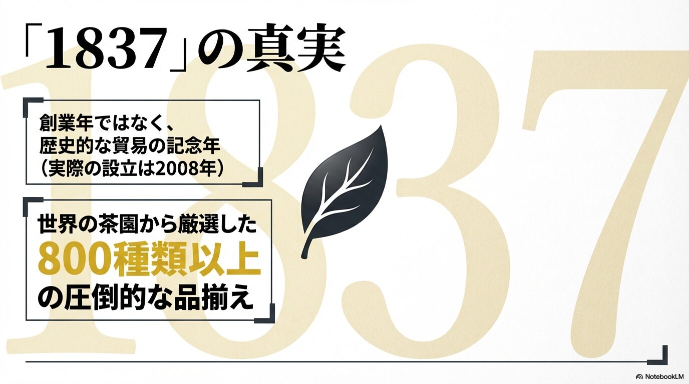 創業年ではなく歴史的な貿易記念年である「1837」の真実と、世界の茶園から厳選された800種類以上の圧倒的な品揃え