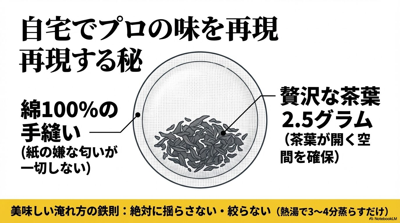 綿100%手縫いで2.5gの贅沢な茶葉を使用したティーバッグと、絶対に揺らさず熱湯で3〜4分蒸らす美味しい淹れ方の鉄則