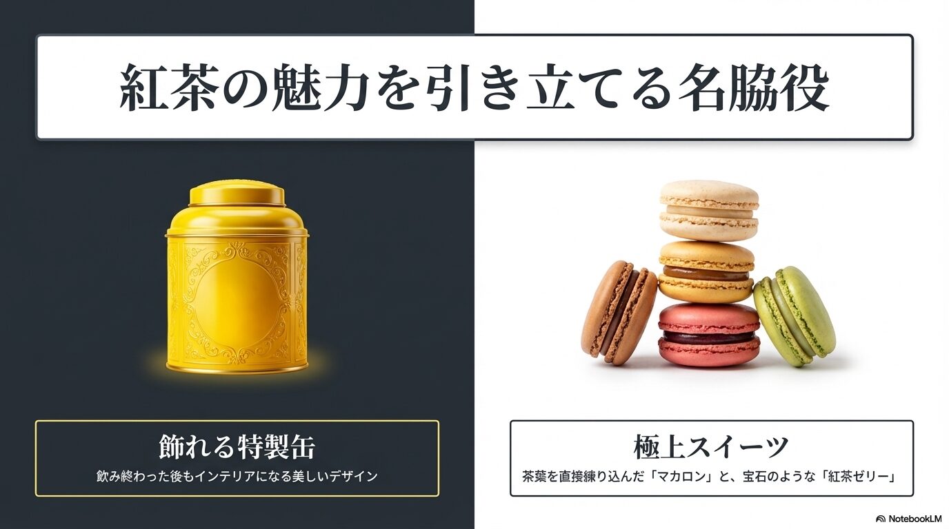 飲み終わった後もインテリアになる飾れる特製缶と、茶葉を直接練り込んだマカロンや紅茶ゼリーなどの極上スイーツ